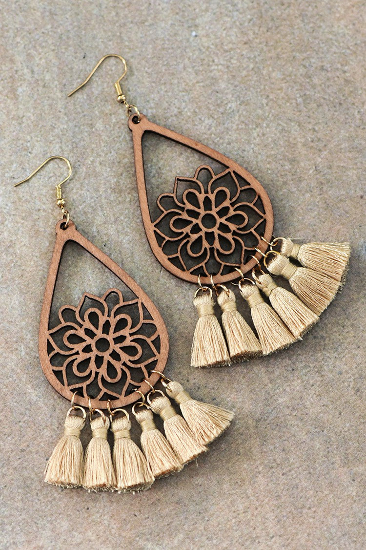 Boho Tassel Filigree Teardrop Wood Earrings