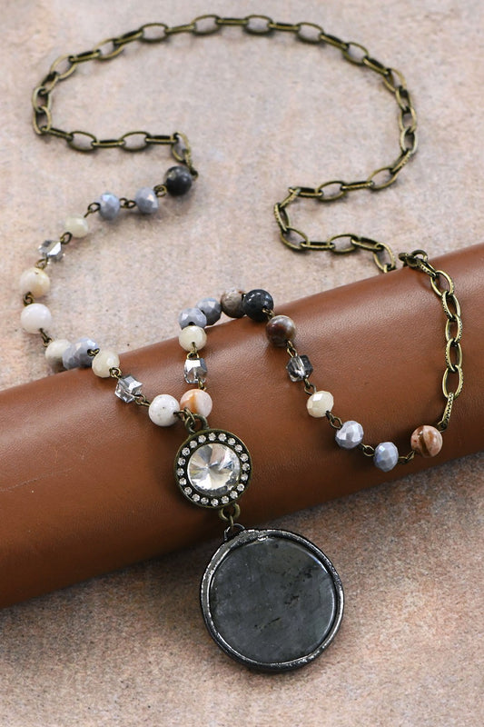 Natural Stone Pendant Beaded Chain Link Necklace