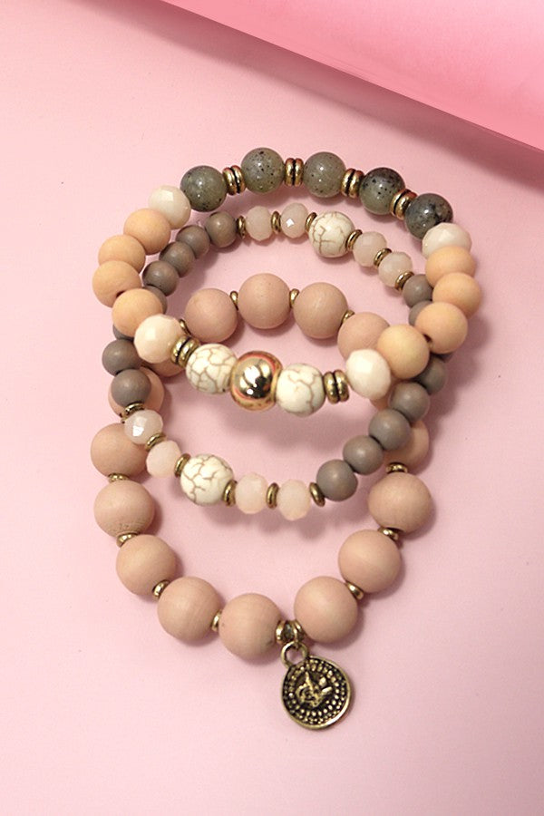 3 ROW WOOD NATURAL BEAD STRETCH BRACELET SET