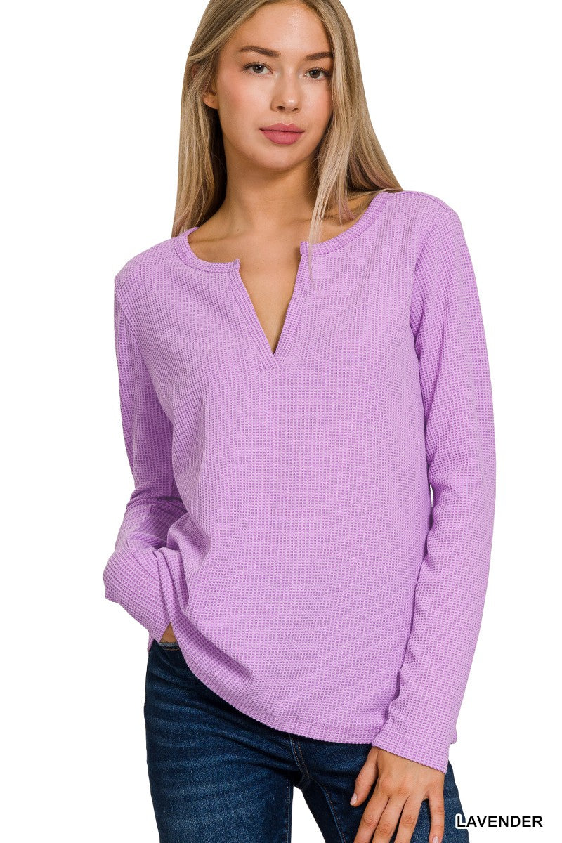 Lavendar MELANGE BABY WAFFLE V-NECK LONG SLEEVE TOP