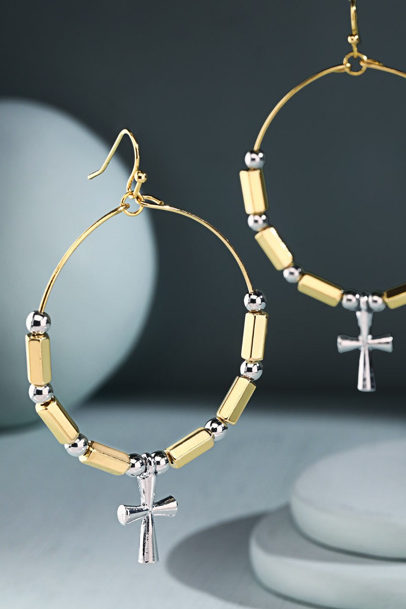 Glass Bead Wire Hoop Earrings with Cross