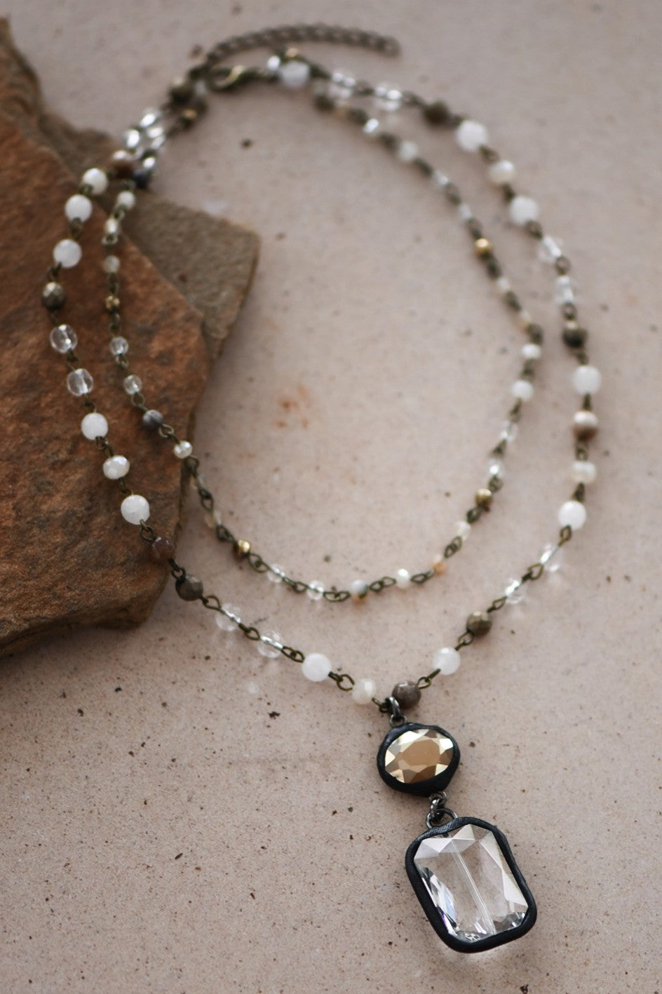 Double Layered Mixed Glass Bead and Stone Necklace