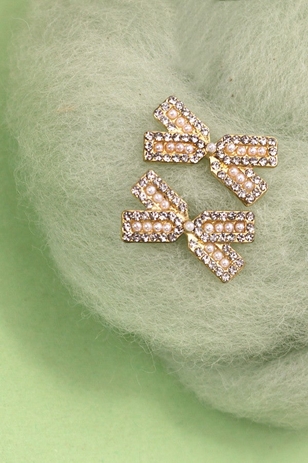 RHINESTONE PEARL BOW RIBBON STUD EARRINGS