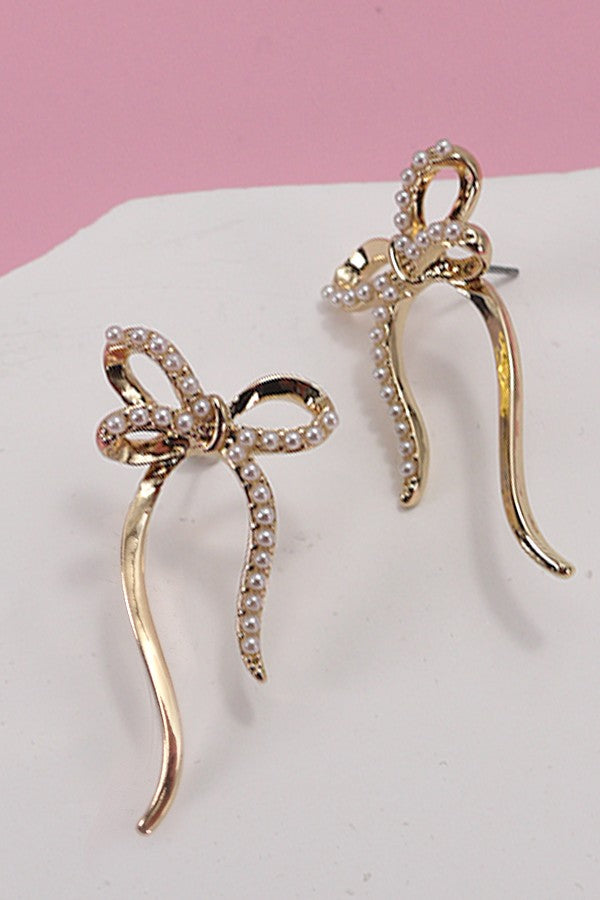 PEARL EMBELLISHED BOW STUD EARRINGS