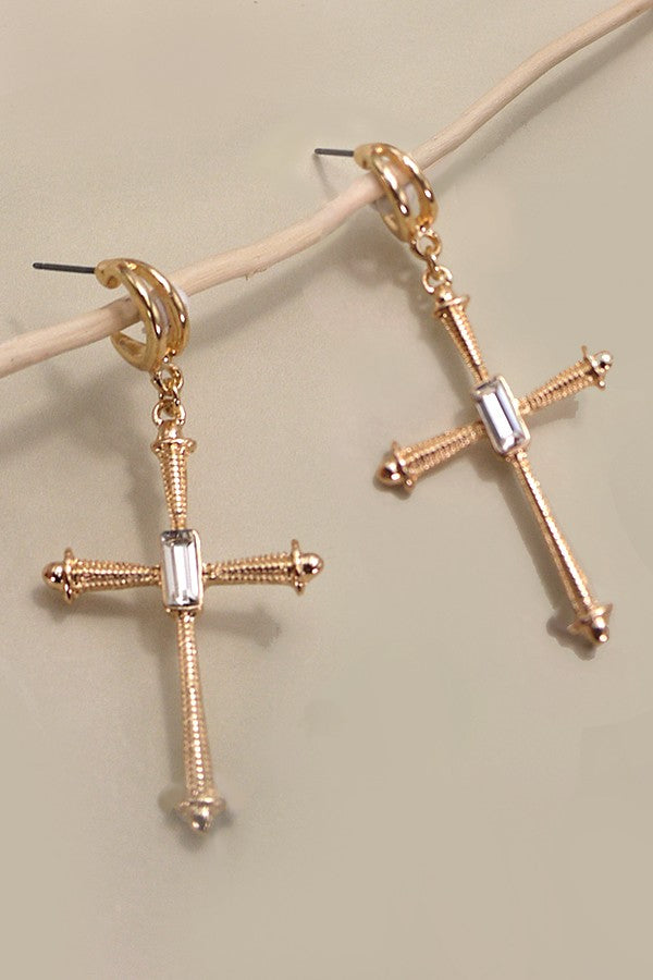 CROSS RHINESTONE DROP HUGIE HOOP EARRINGS