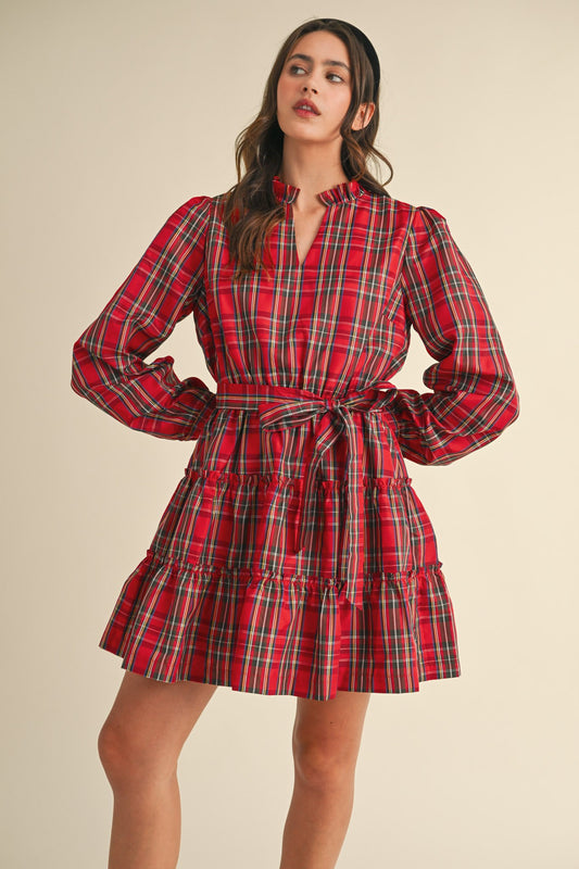 PLAID TIERED RUFFLE MINI DRESS