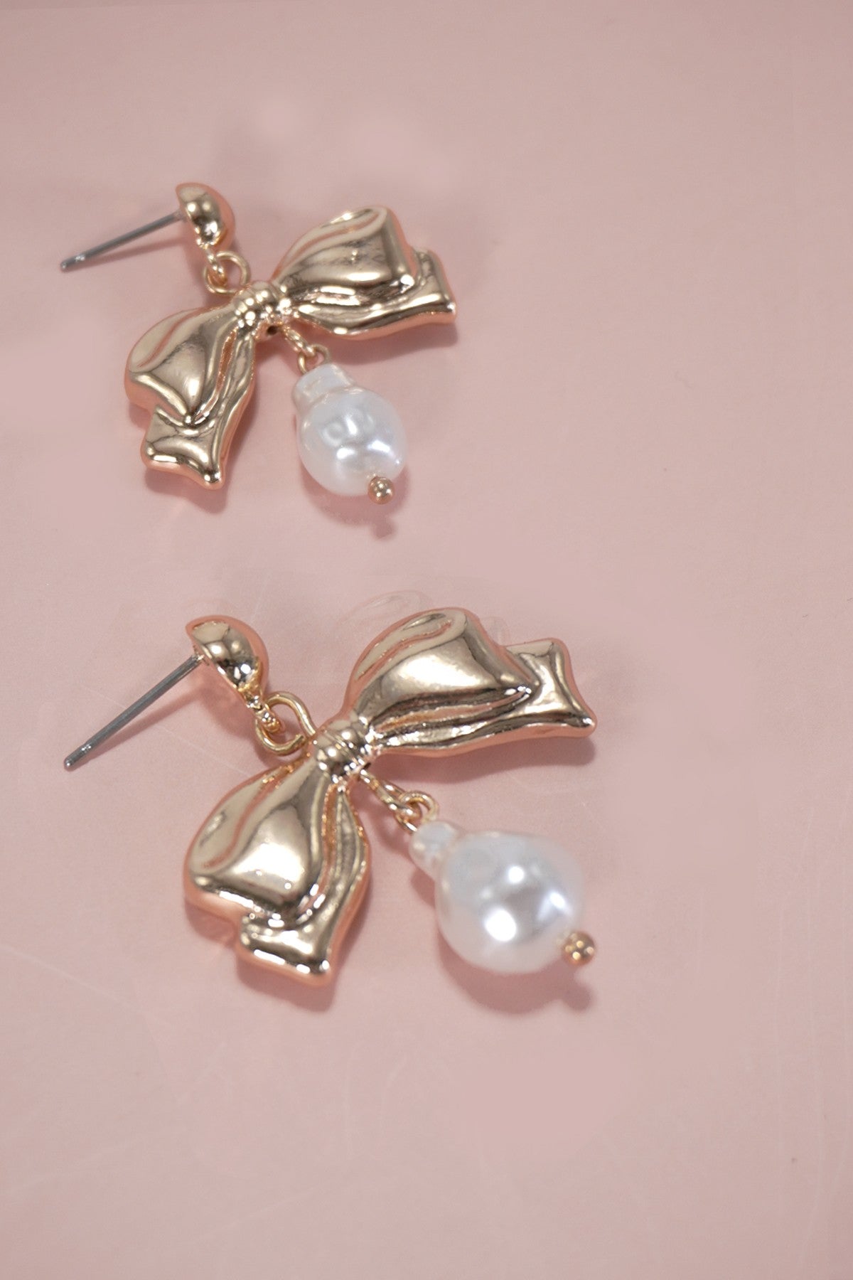 GOLD BOW PEARL TITANIUM POST DROP EARRINGS