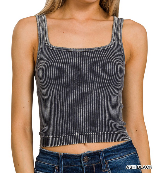 2 WAY NECKLINE WASHED RIBBED CROPPED TANK TOP